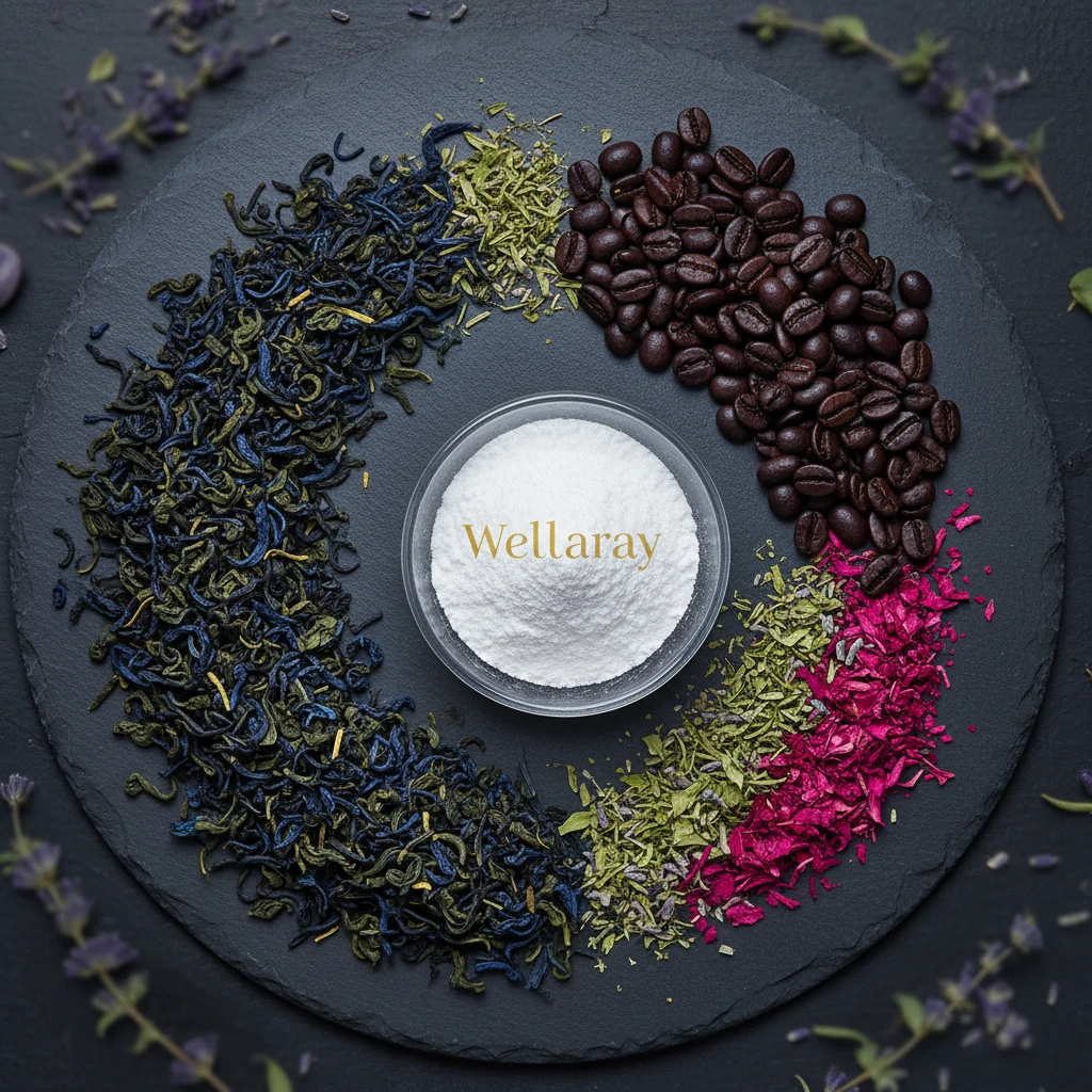 Green tea leaves, roasted coffee beans, L-Carnitine powder and dried herbs arranged on dark slate surface with jewel-tone lighting